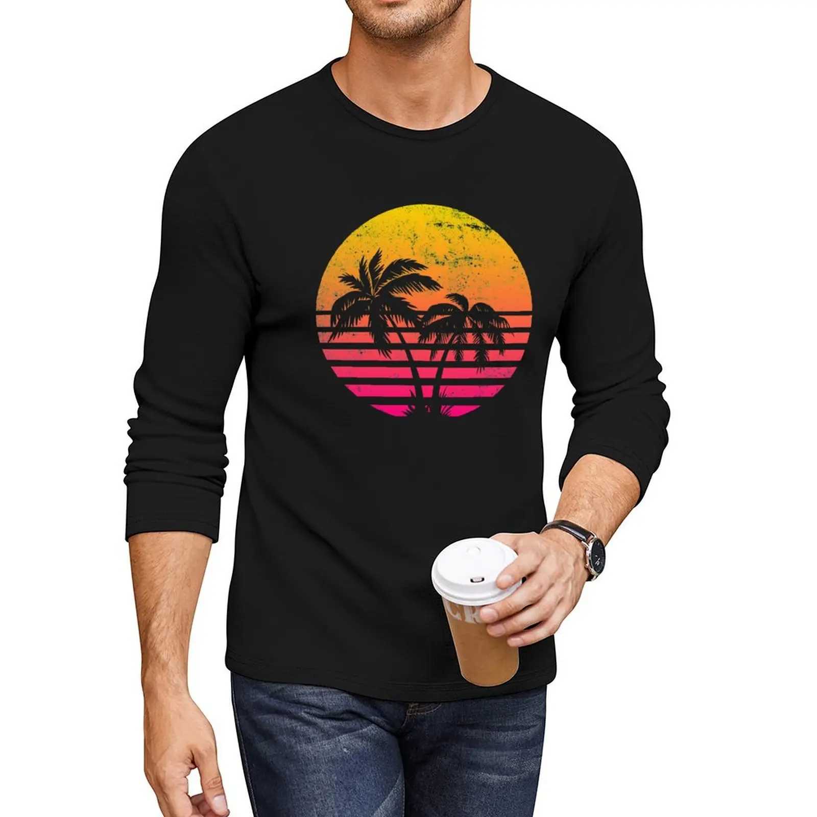 

Retrowave Sunset With Palm Trees Long T-Shirt customized t shirts man clothes men clothings