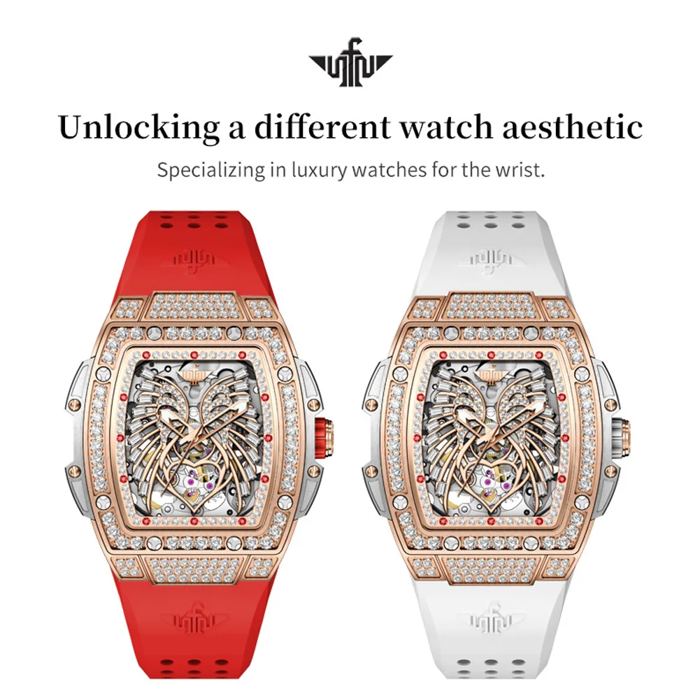 OUPINKE Top Luxury Brand Mechanical Women Watch Love Angel Wings Design Skeleton Automatic Elegant White Ladies Wristwatch New