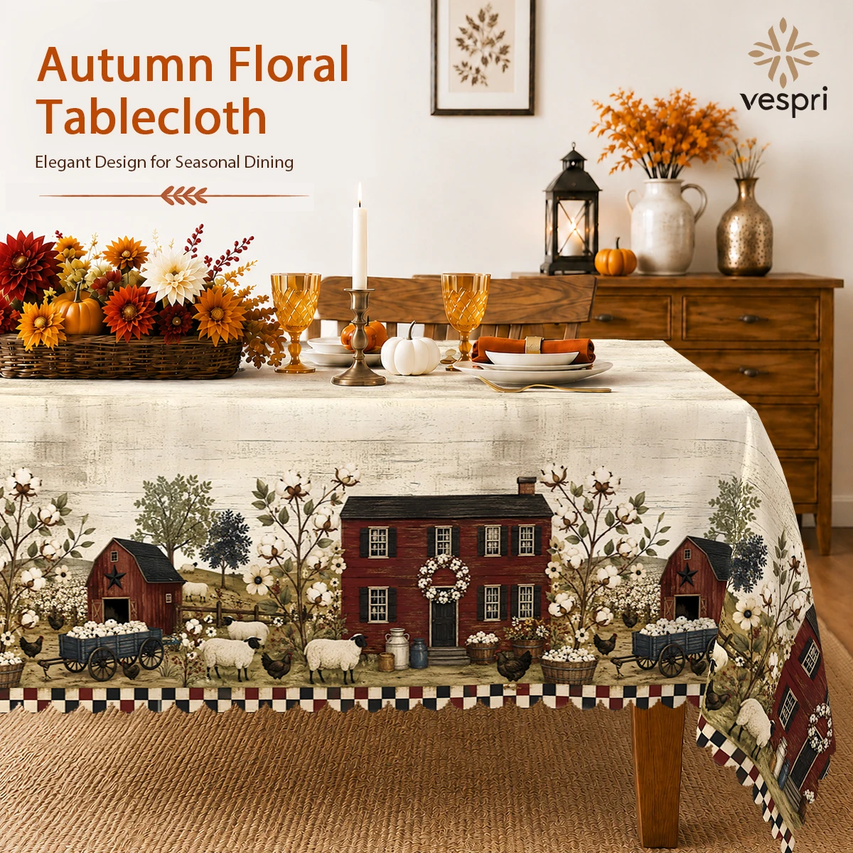 Farmhouse Tablecloth with Country Farms, Red Barns, Birds for Indoor/Outdoor Camping decor, Rectangular/Round/Oval