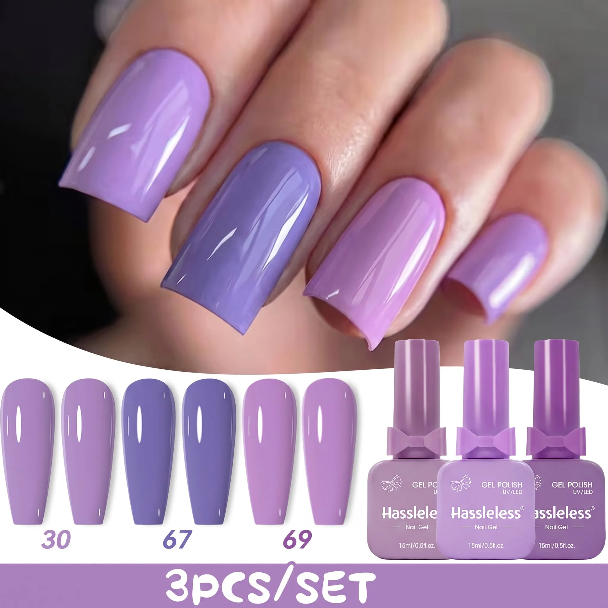 Hassleless 3-Piece Taro Purple Nail Polish Gel Set, 15ml Large Capacity, Light Purple Taro Purple Grape Purple Gentle Solid Color Nail Polish Gel, Salon-Grade Mirror-Like High Gloss with Full Color Payoff