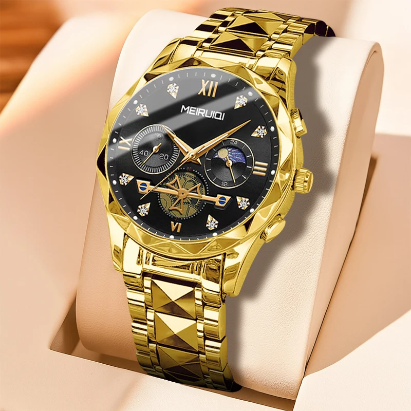 A men's yellow and black business style high-end cross quartz watch with sun and moon markings