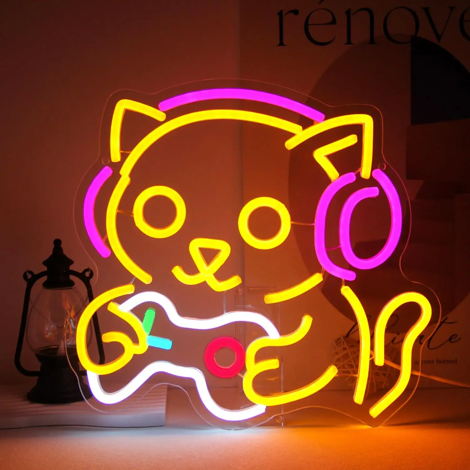Gamer Cat Neon Sign USB Powered LED Wall Light For Game Room Bedroom Gaming Setup Stream Room Cute Animal Art Gift Night Light