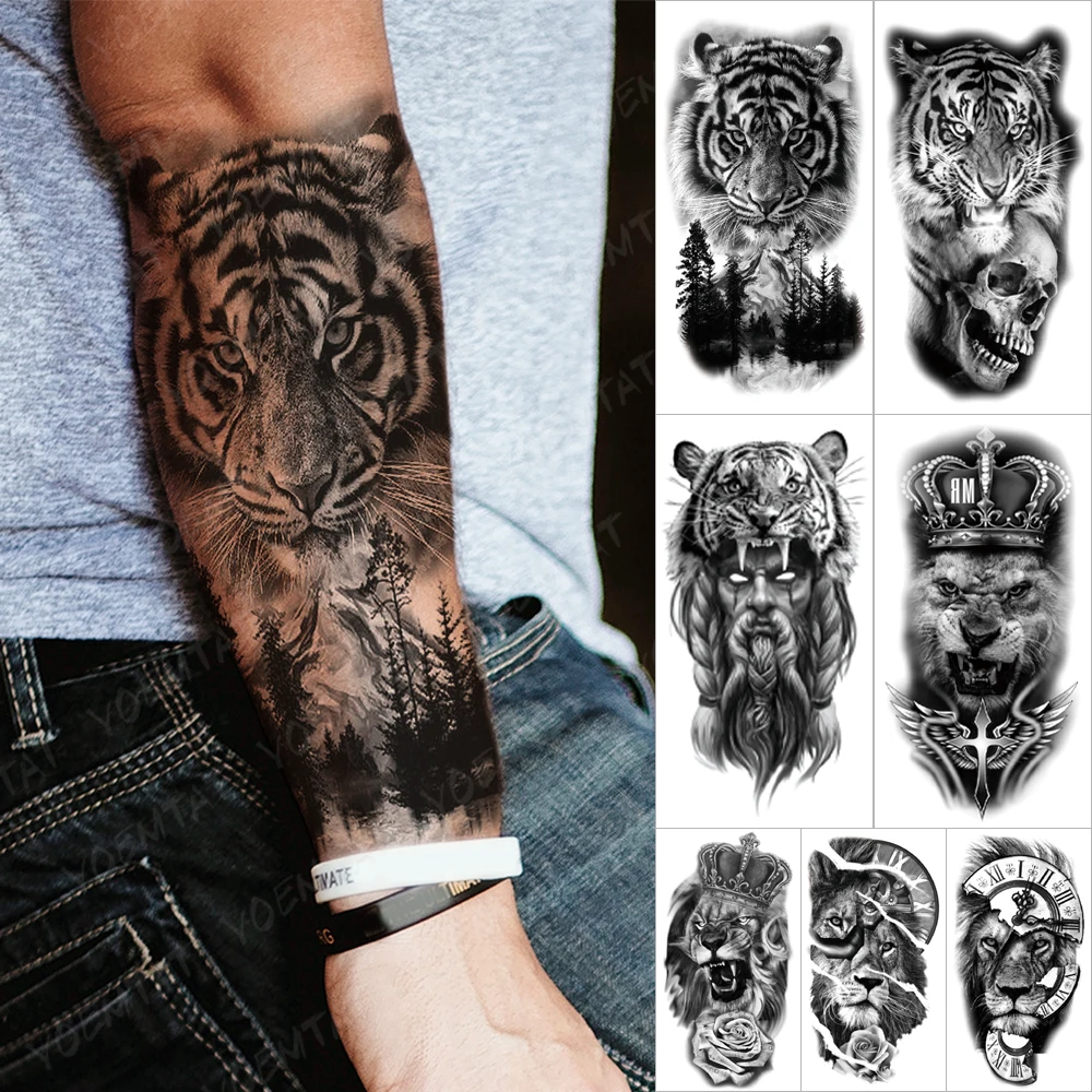 

Festival Wolf Tiger Lion Waterproof Temporary Tattoo Sticker Sexy Arm Sleeve Tatoo Art Viking Skull Fake Tattoos For Women Men