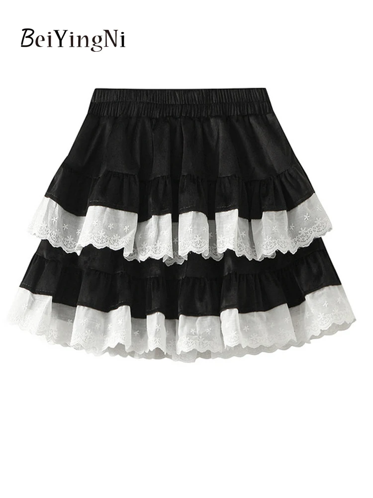 Beiyingni Autumn Winter Y2K Sexy Velvet Mini Skirts Girls Lace Patchwork Women's Tiered Tutu Short Skirt Dance Ballet Korean