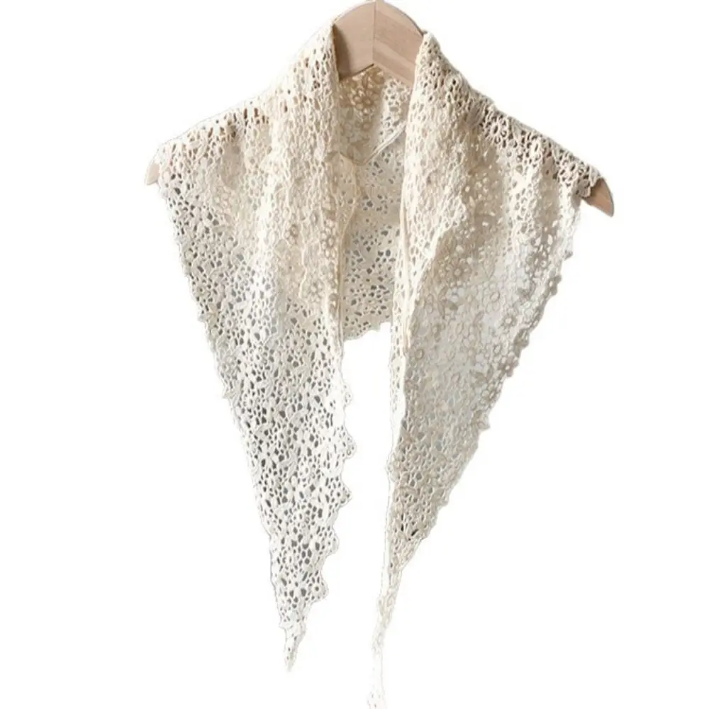 Sweet Sheer Mesh Floral Lace Scarf Hollow Design Versatile Strap Crochet Headscarf Solid Color Knitted Scarf Beach Outfits