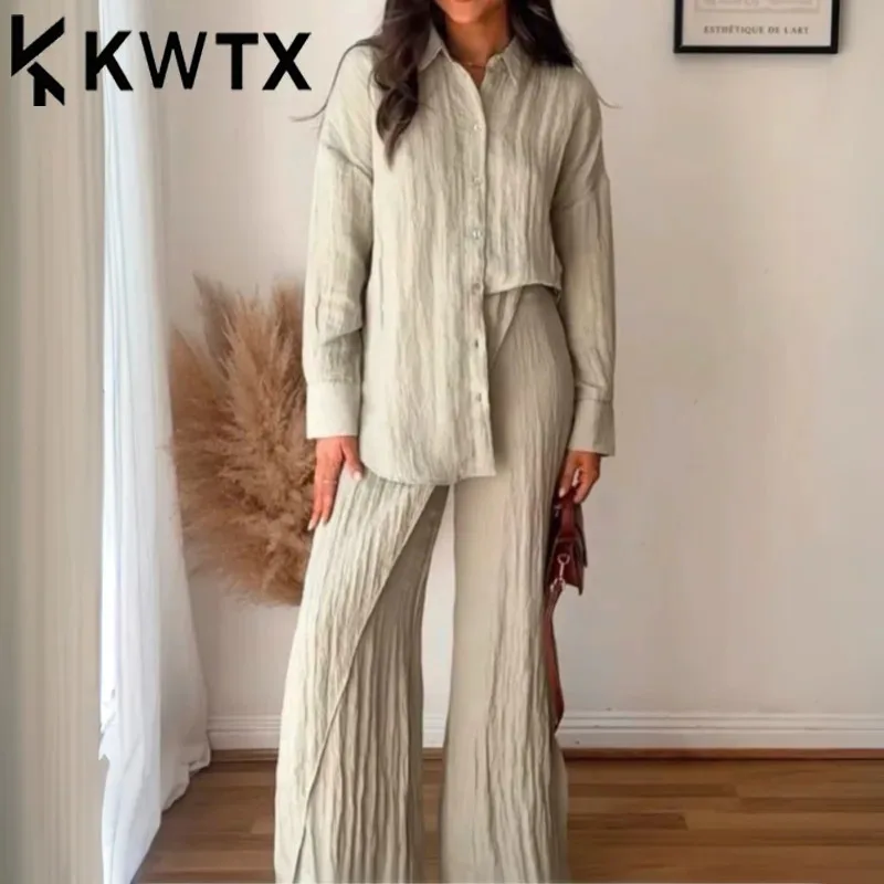 

KWTX 2025 Spring Summer Women's Light Green Pleated Two Piece Set Button Down Shirt Wrap Pants Casual Outfit