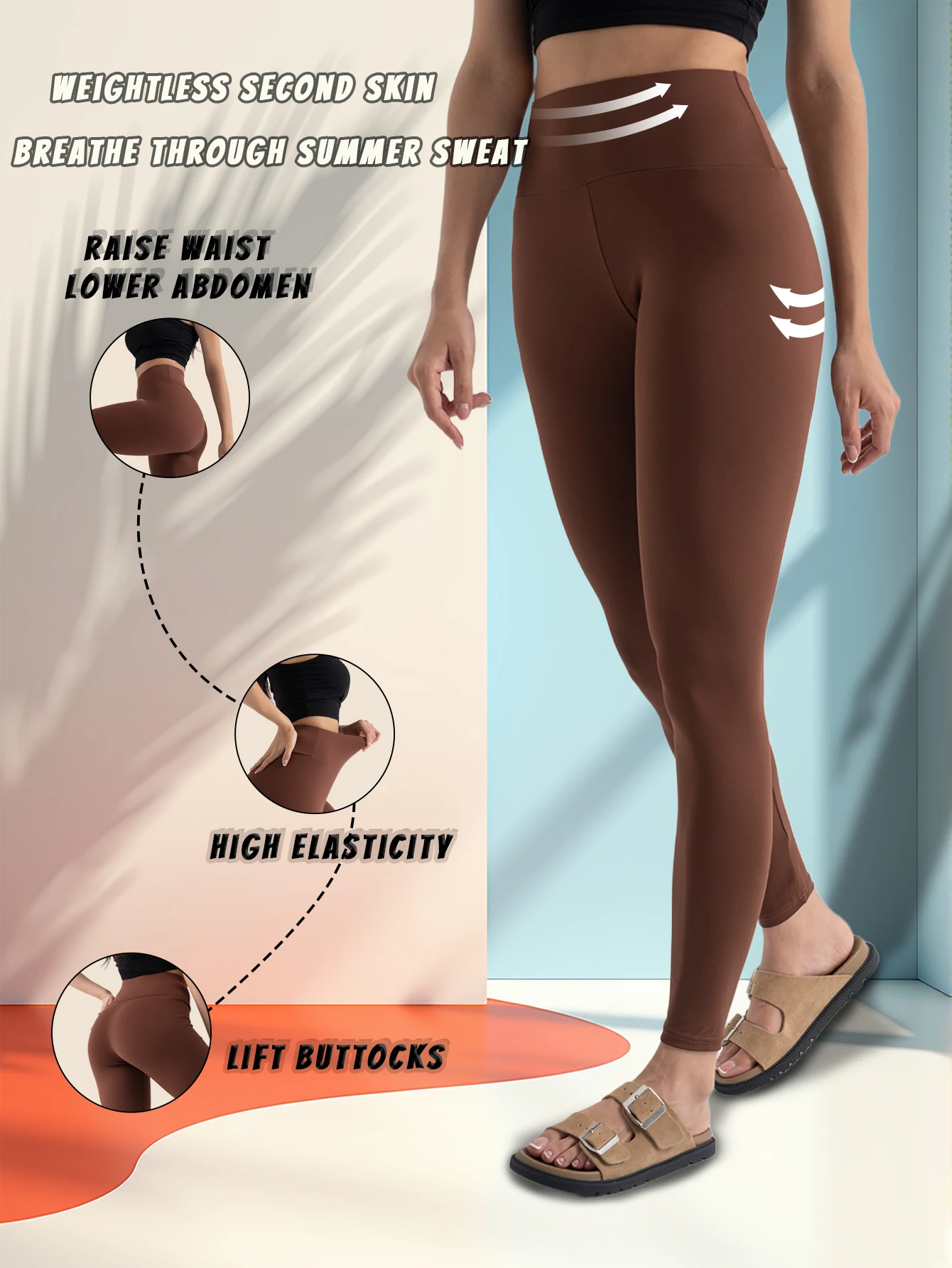 Hohe Taille, Aloe-Yogahose für Damen, braun, elastisch, hebend, zweite Haut, atmungsaktiv, Bauch, Sommerkontrolle, lässige Leggings mit Hintern