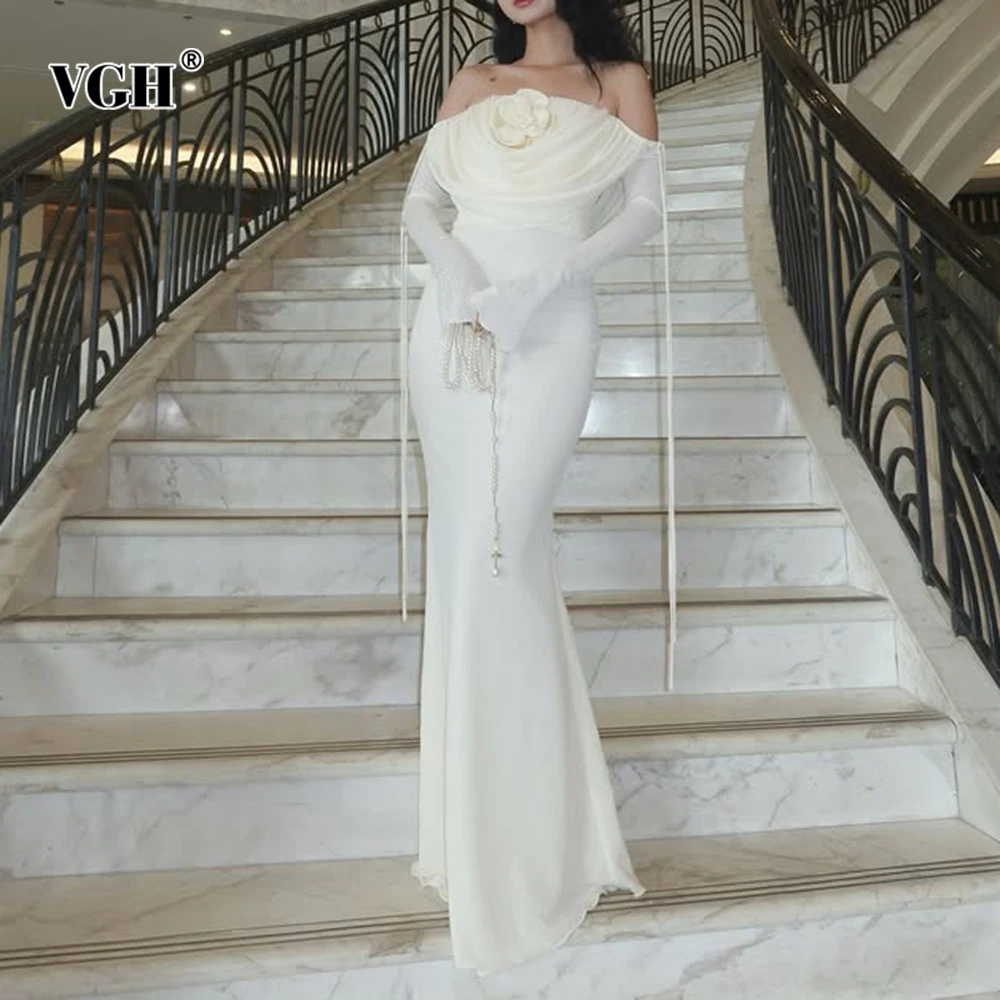 

VGH Slim Fit Solid Sexy Spliced Appliques Dresses For Wome Slash Neck Off The Shoulder Sleeve High Waist Dress Female Fashion