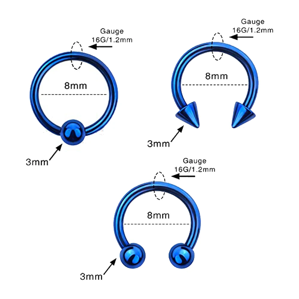 WKOUD 6PCS Horseshoe Circular Barbells Septum Rings 16G Nose Rings Hoop Helix Earrings Eyebrow Body Piercing Jewely Blue