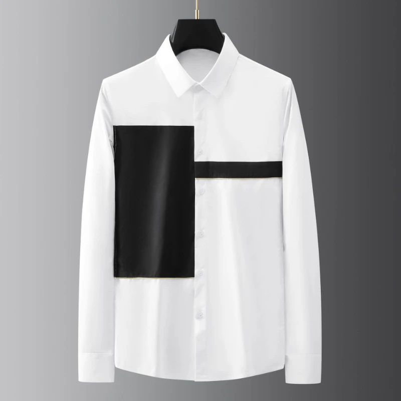 

Cotton Black White Men's Shirts Luxury Long Sleeve Gold Piping Casual Mens Dress Shirts Fashion Slim Fit Korean Clothes