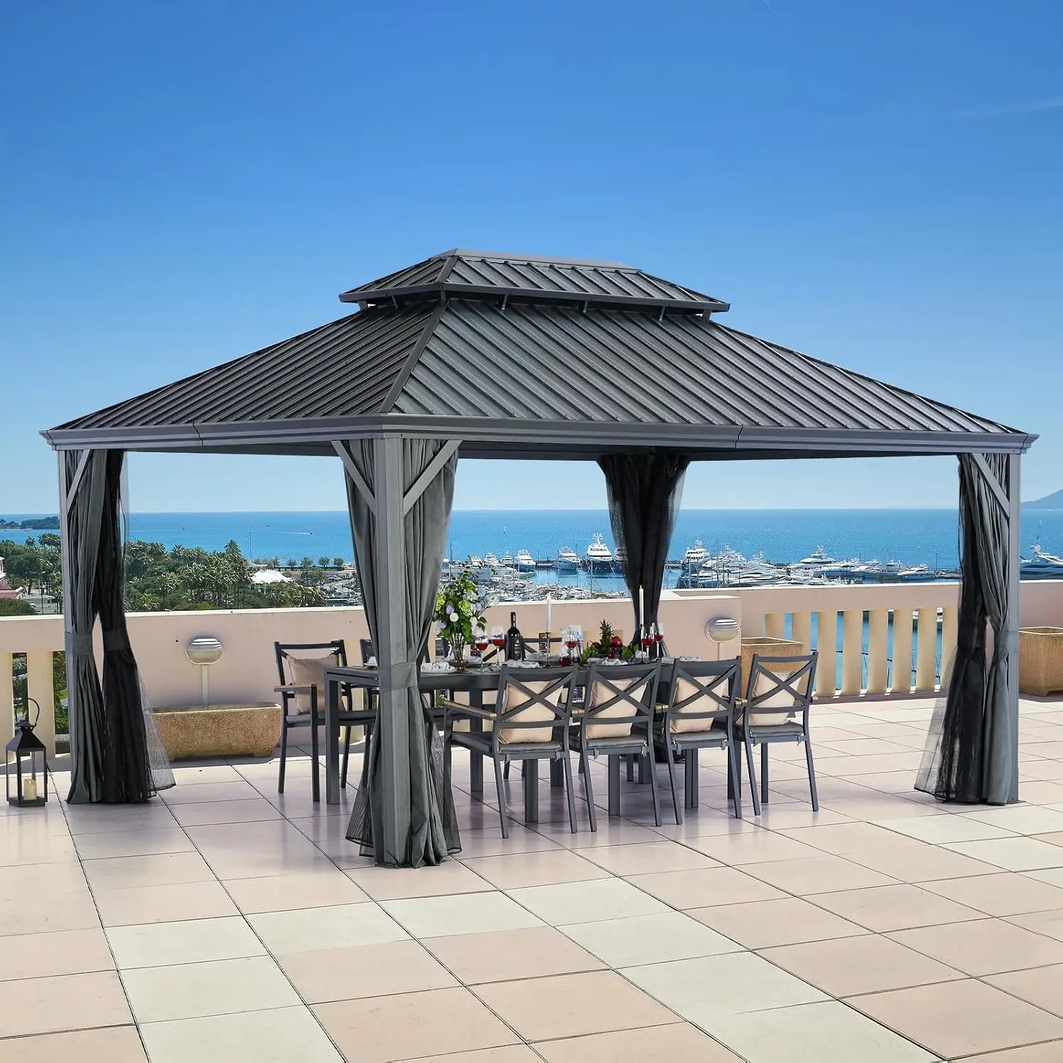 Blazar Hardtop Gazebo 12' X 16' with Nettings and Curtains,Vertical Stripes Galvanized Steel Double Roof Canopy,, Customized