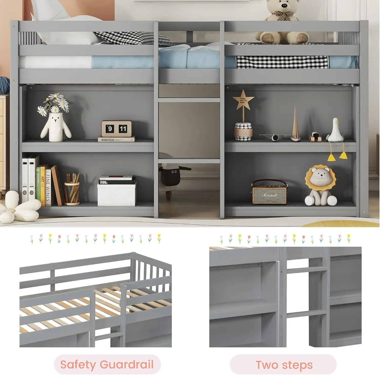 Twin Size Low Loft Bed With Storage Shelves, Wood Kids Twin Loft Bed With Led Light And Shelves, Low Loft Bed For Kids, Boys