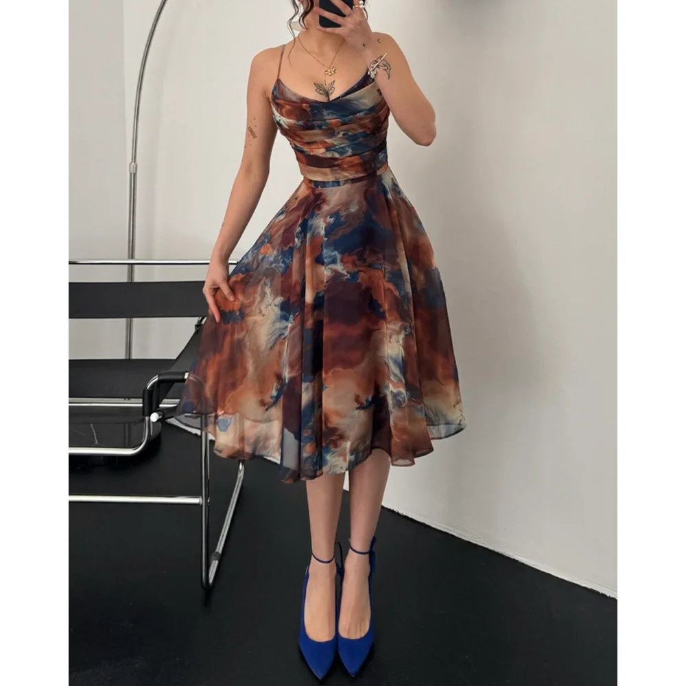 Summer Women Dress Ombre Print Spaghetti Strap Cowl Neck Dress Casual A Line Sheer Mesh Dress for Party Evening Vestidos