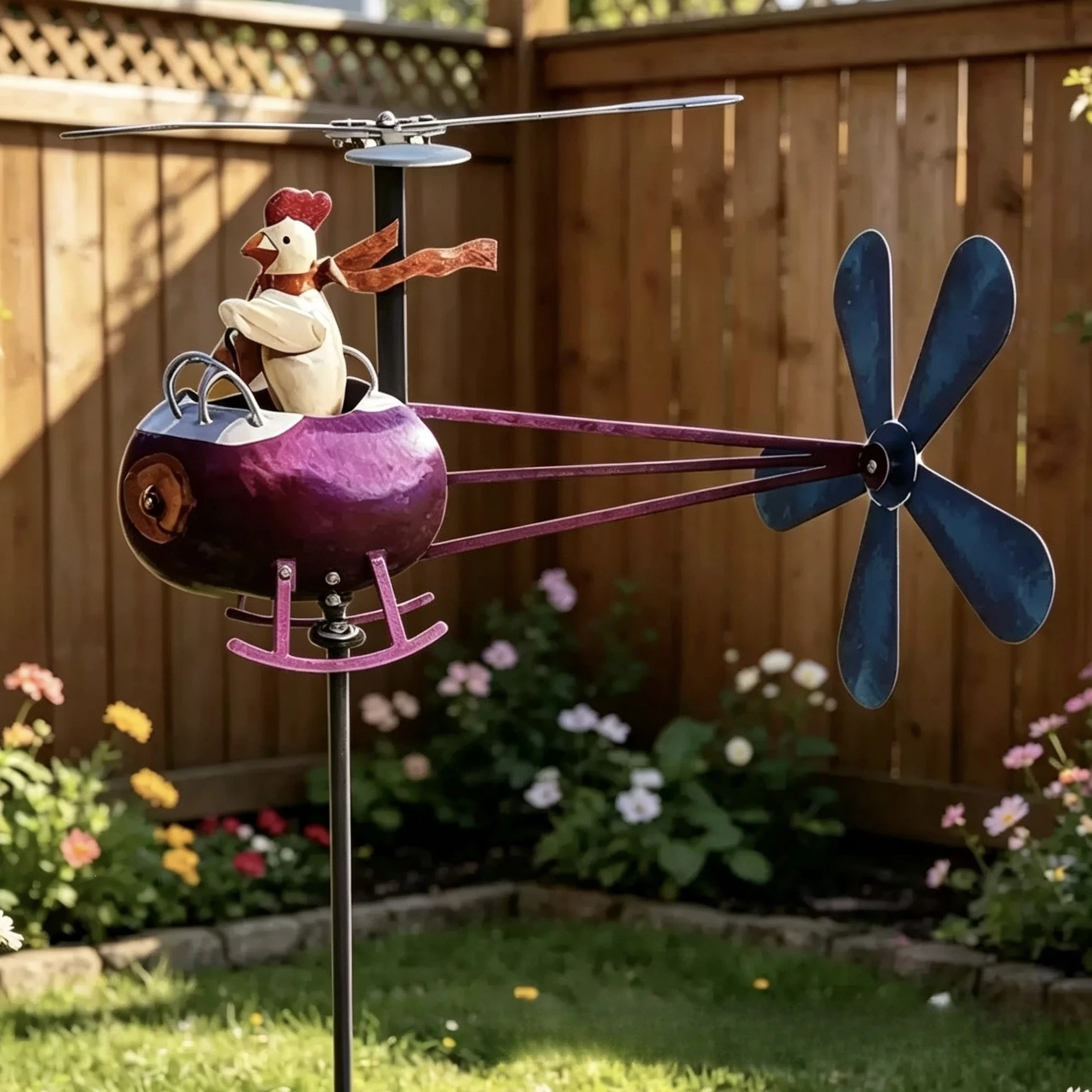 New ironwork chicken driving a helicopter windmill for courtyard lawn rotating wind direction indicator for garden decoration