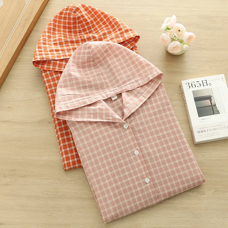 

2025 Women Autumn Hooded Collar Plaid Sweatshirt Pure Cotton Orange Pink Drawstring Loose Casual Hoodies Jacket