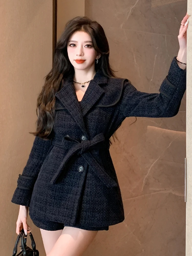 Autumn Winter Clothes Tweed Two Piece Pant Sets Women High Quality Vintage Notched Jacket Coat + Short 2 Piece Sets Lady Outfit