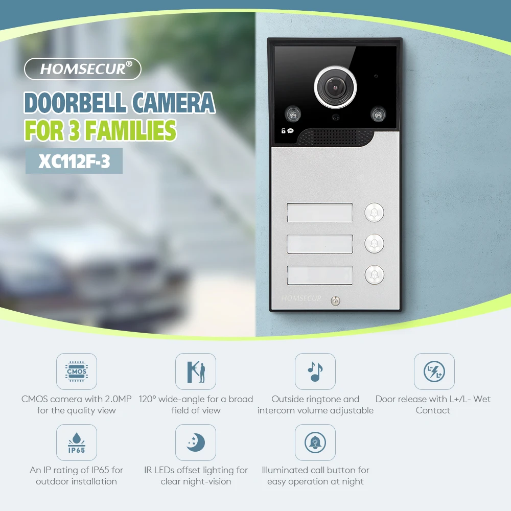 XC112F-3 HD IP65 Doorbell Camera with 3 Call Buttons for 4 Wire 1080P Video Door Phone Intercom Home Security 3 Flats