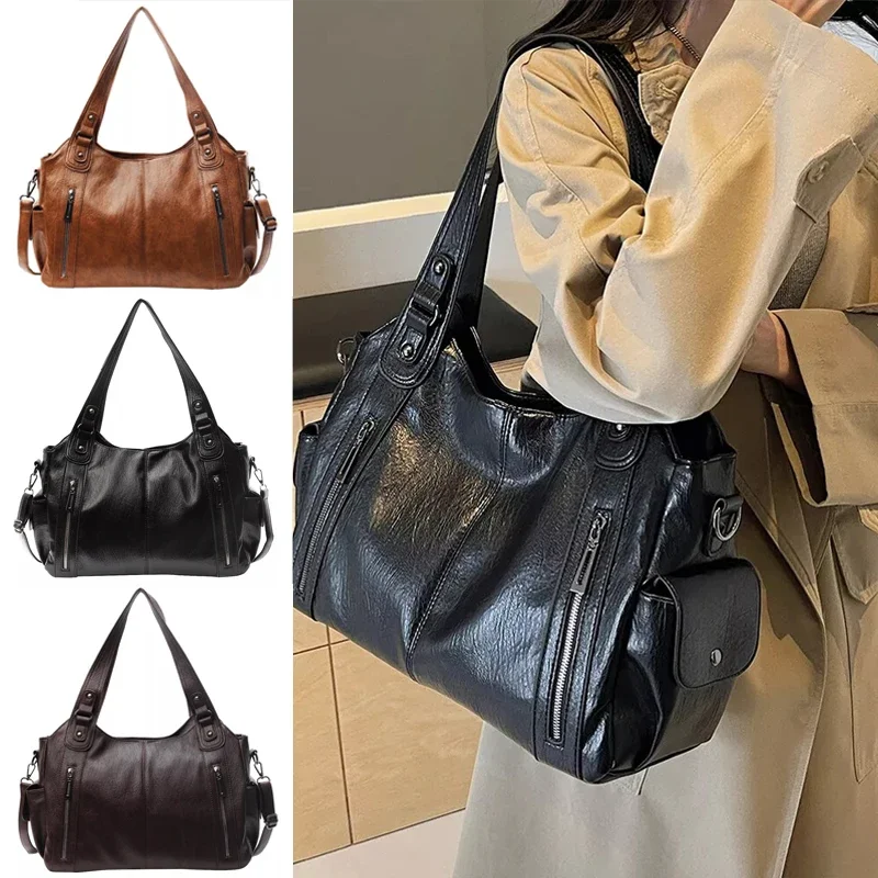 Senhoras retro moda bolsa de ombro compartimento interno macio couro do plutônio multi-bolso tote zíper trabalho viagem dupla finalidade saco