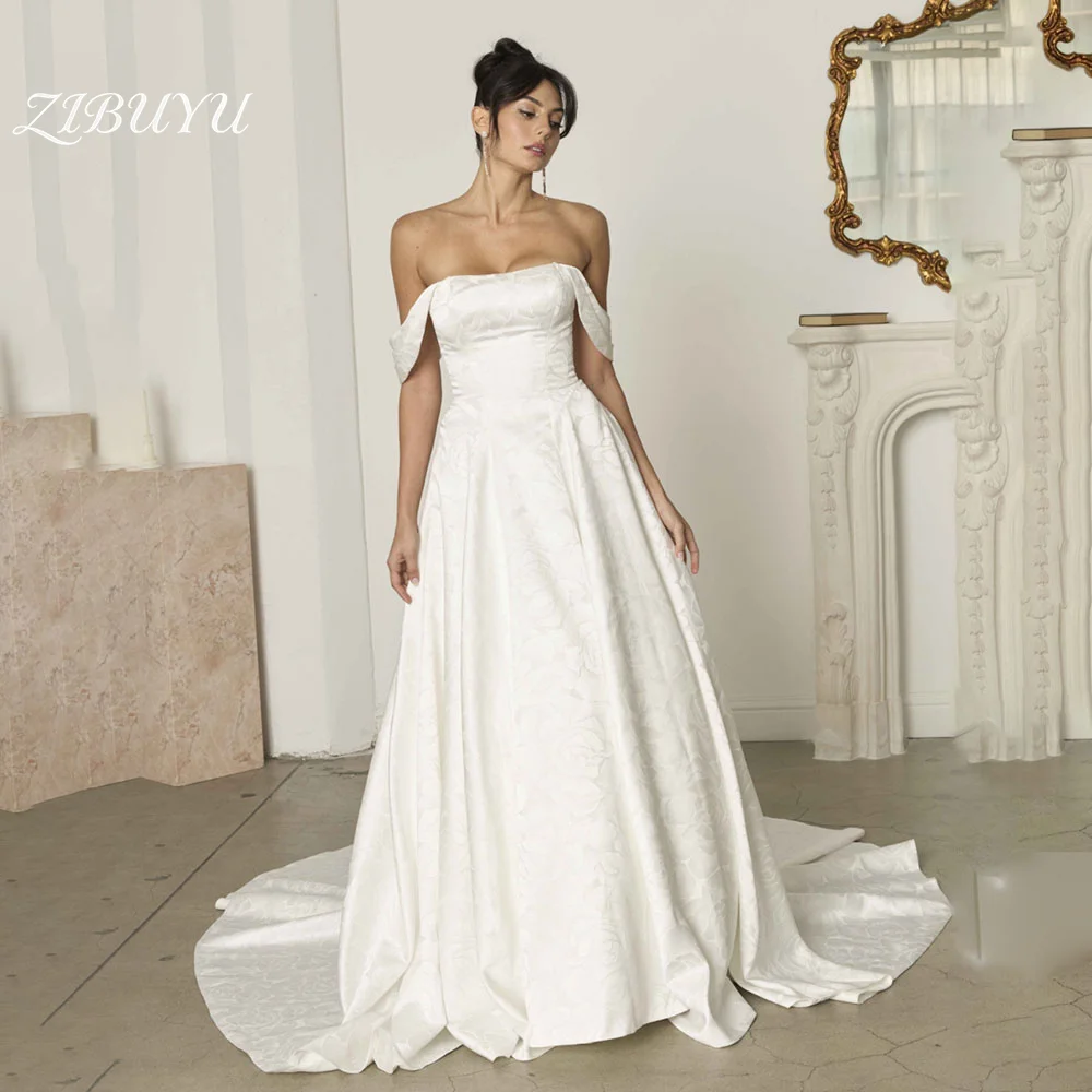 

ZIBUYU Customized Elegant Simple Wedding Dress 2026 Off The Shoulder Strapless Satin A-Line Lace-Up Back Backless Bridal Gowns