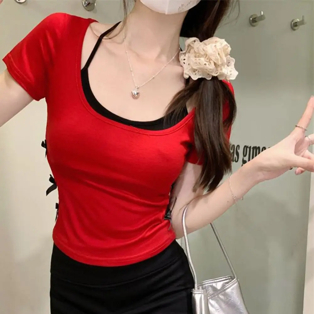 

Sweet Bowknot Fake Two Pieces T-shirt with Pads Slim Fit Halter T-shirt Women Hollow Pullover Y2K Crop Tops Ladies