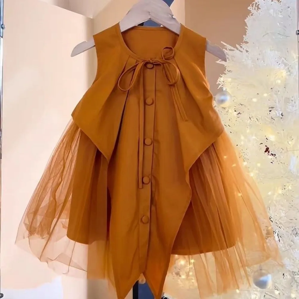 

Girls' Summer Clothes 2025 New Round Neck Single Breasted Sleeveless Bow Mesh Irregular Solid Color Casual Dress Korean Version