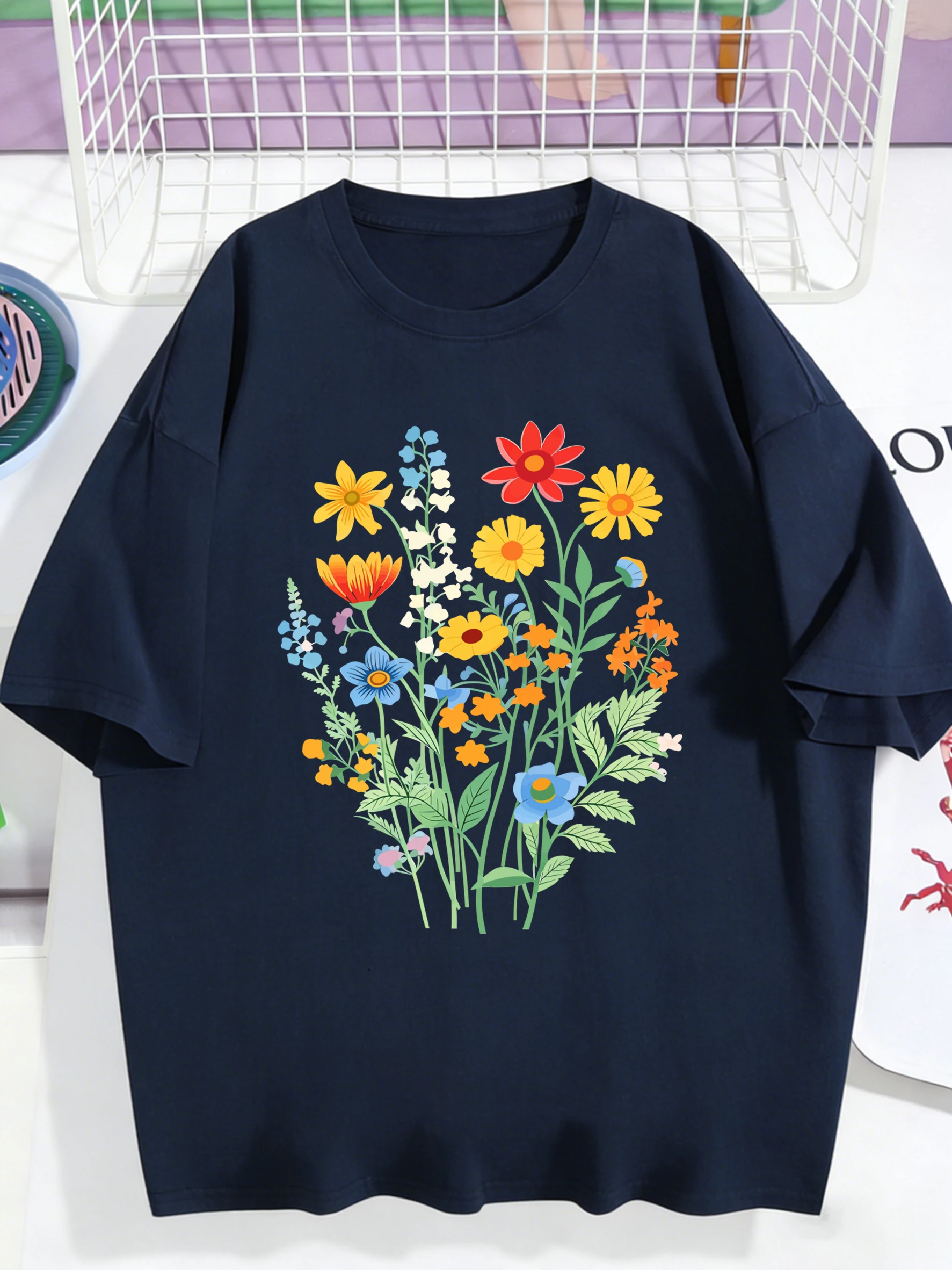 Beautiful Flowers That Grow Vigorously Print T Shirt Women Cotton Oversized T-Shirts Summer All-Match Tops Trendy O-Neck Clothes