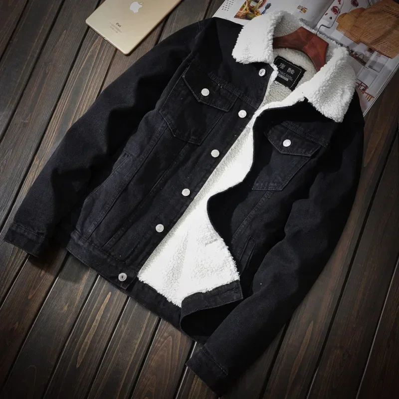 Trendy men's winter light-colored lamb fleece denim jacket Korean version large-size jacket with fleece and thicker top