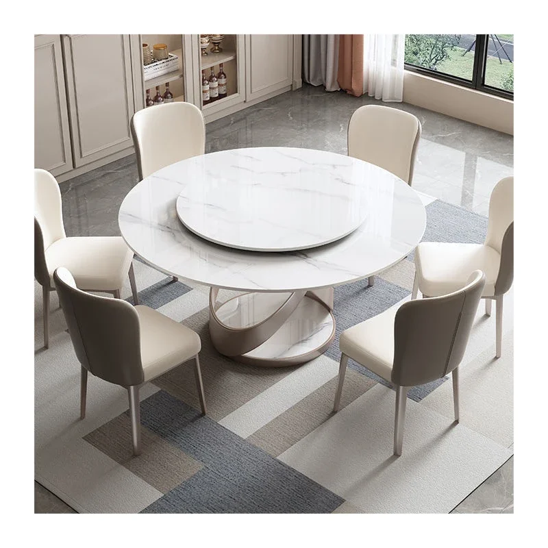 Modern Luxury Simple Round Dining Table With Light Rock Plate Turntable  Size Chair Combination 1 Year Warranty