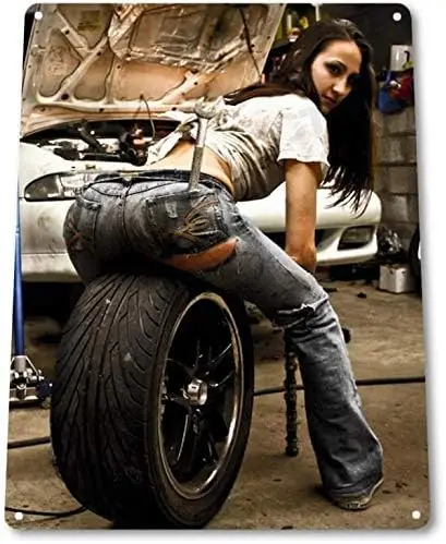 SRongmao Tire Pressure Pinup Girl Sexy Hot Rod Car Garage Auto Shop Wall Decor Metal Tin Sign 8x12in