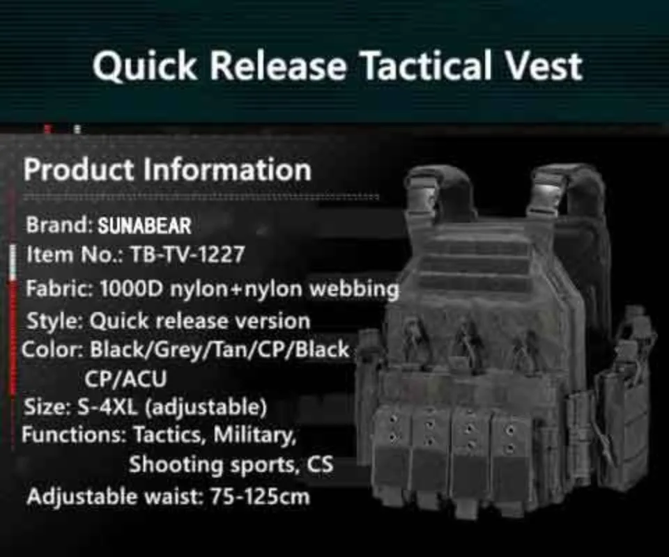 Imagem -05 - Tacticalbang-quick Release Tactical Vest Plate Carrier Coletes Pretos para a Caça ao ar Livre