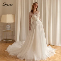 Liyuke Stunning A-Line Wedding Gowns Beading Embroidery Lace Full Sleeves Sliky Tulle Scoop Bridal Gowns
