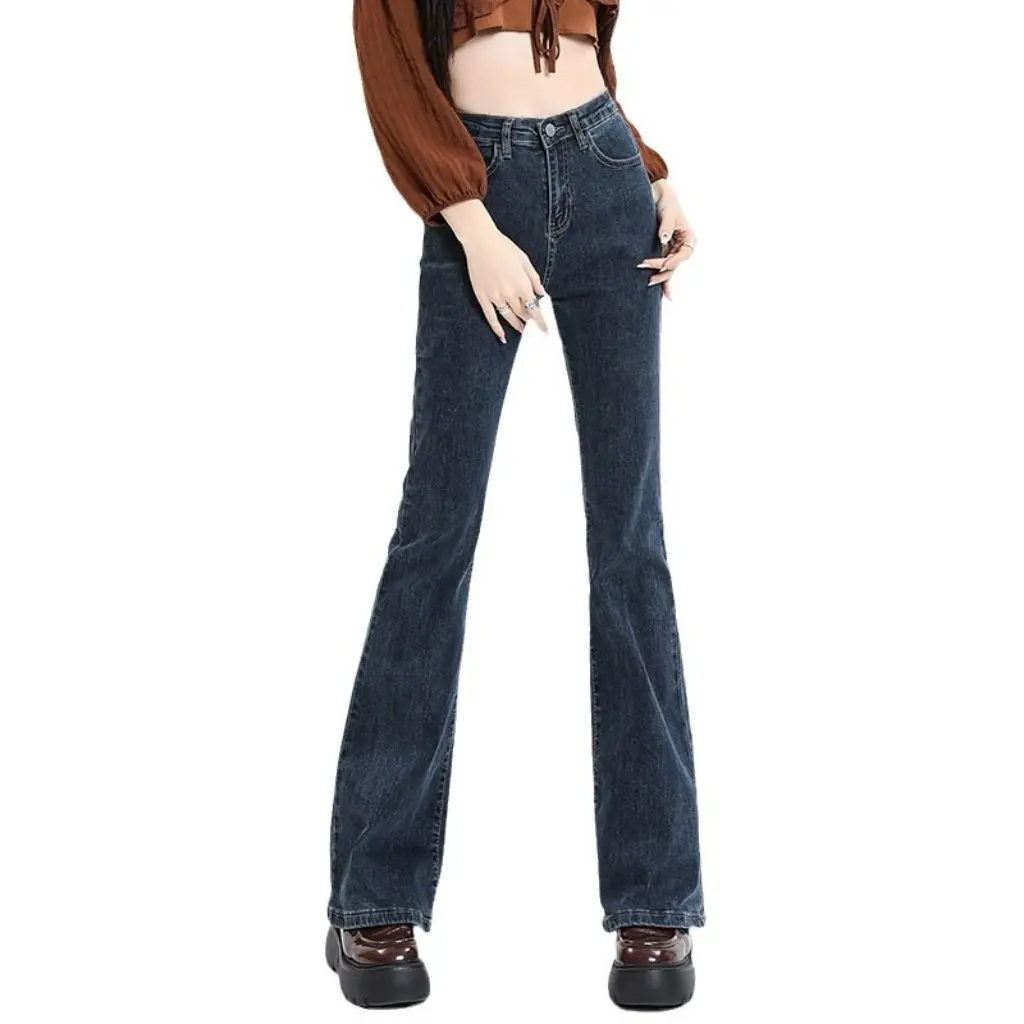 Niebiesko-szare jeansy damskie z wysokim stanem, dopasowane, modne spodnie typu rybaczki na wiosnę i jesień, wyszczuplające.