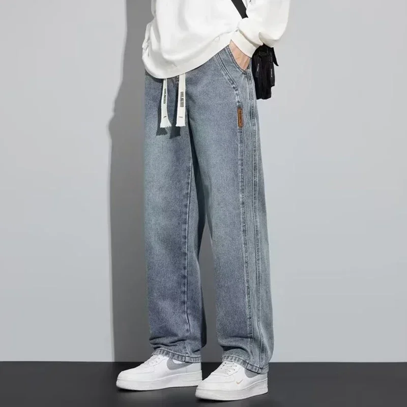 Elastic Waist Loose Straight Men Jeans Vintage Versatile Wear Resistant Wide Leg Denim Pants Fashion Male Blue White Trousers