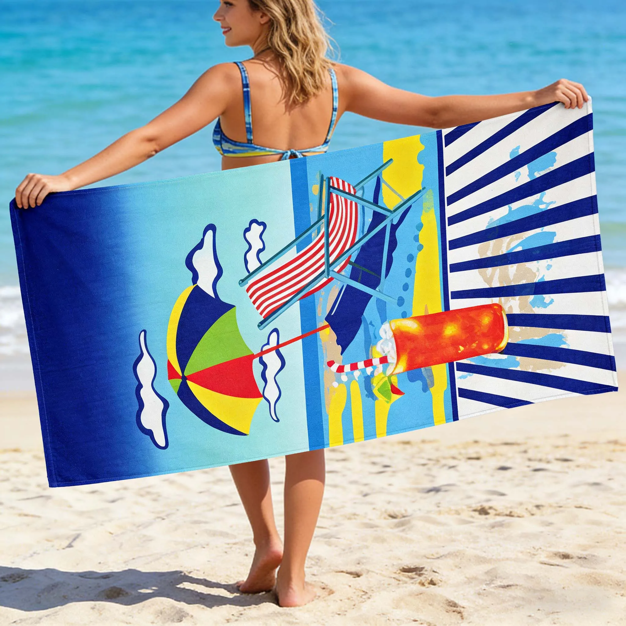 Oversized Beach Towel - Ultra-soft Microfiber, Highly Absorbent & Quick-drying, Vibrant Vintage Surfboard Red and White Striped