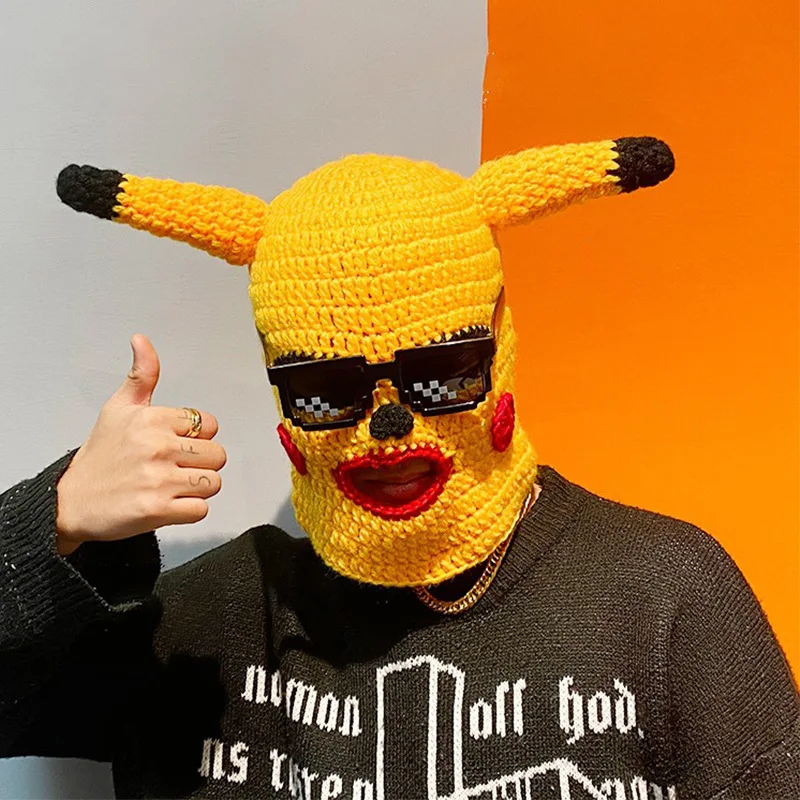 Funny Spoof Pullover Hat Men Women Cartoon Handmade Knitted Hat Halloween Bully Robber Woolen Mask Sunglasses Amuse Head Cover