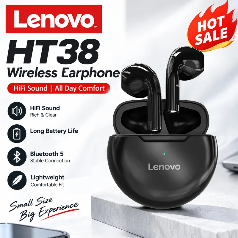2026 Lenovo HT38 TWS Earphones Wireless Bluetooth 5.2 Sport Noise Reduction Headphones Touch Control Colorful Light Earbuds