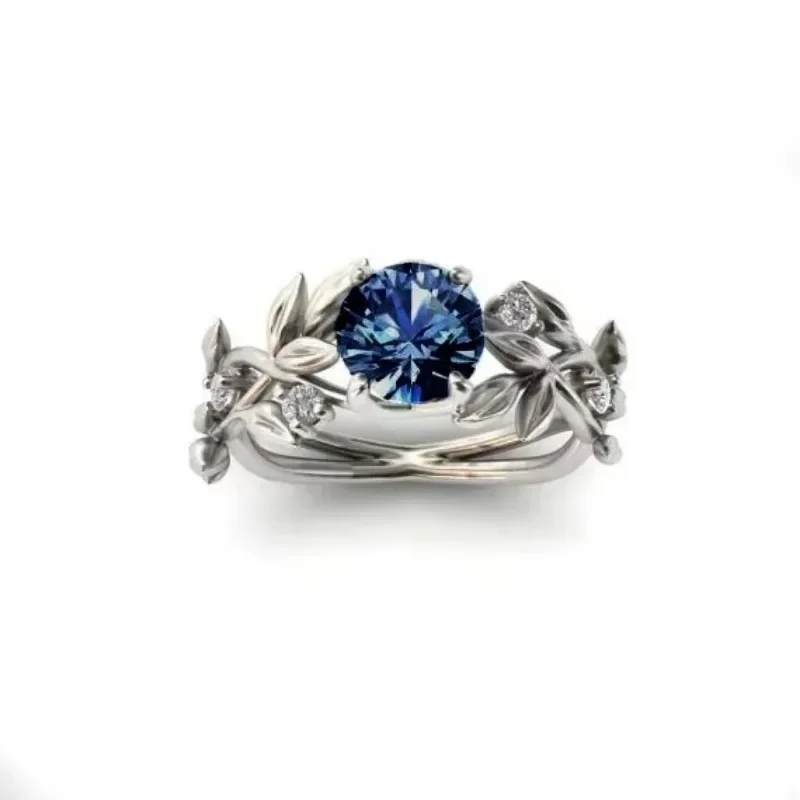 European and American style light luxury olive leaf sea blue zircon women\'s ring