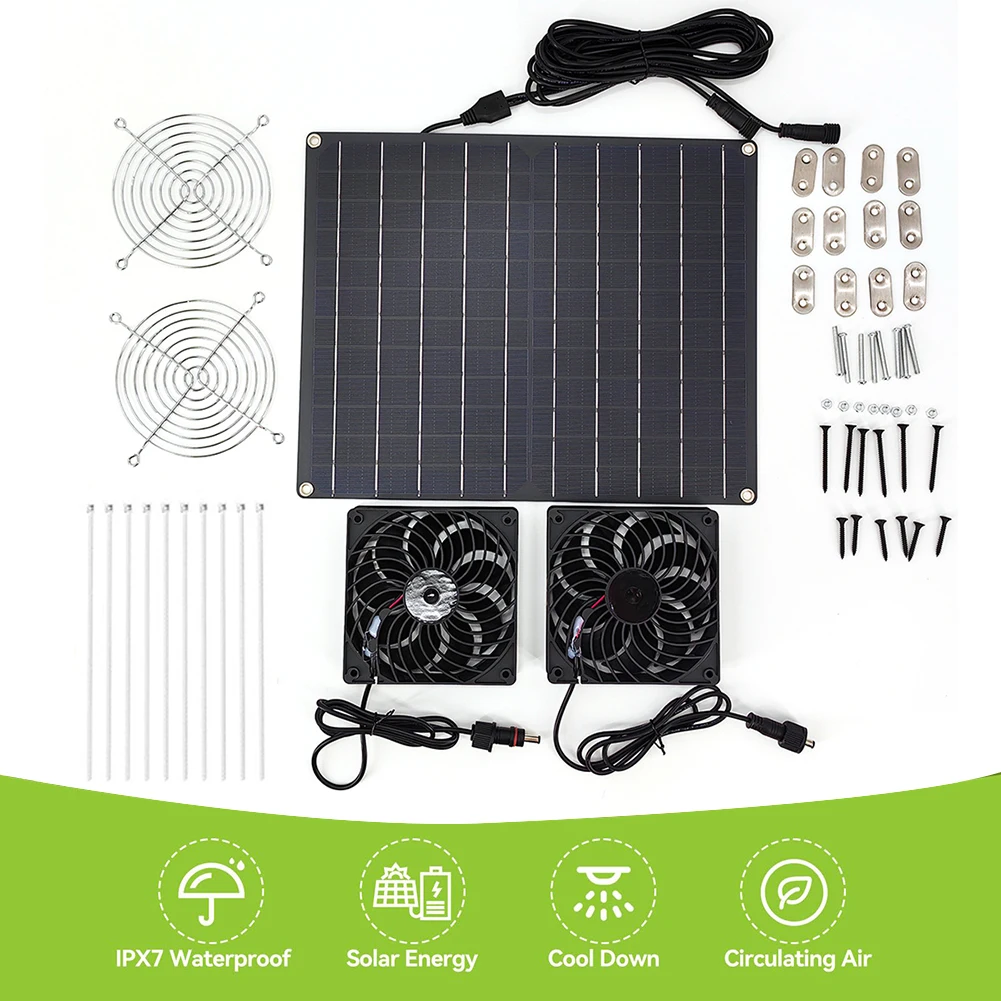 15W 12V Solar Fans IP65 Waterproof Solar Cooling Fan Regulate Temperature Solar Panel Kit with Dual Fan for Outside Inside Shed