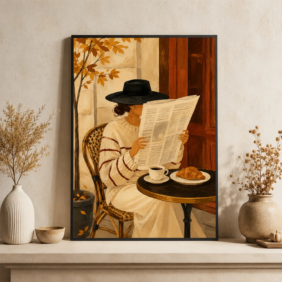 Autumn Lady Reading Newspaper Coffee Croissant Canvas Poster Wall Art,2D Print,Vintage Home Gift For Living Room Dining Room
