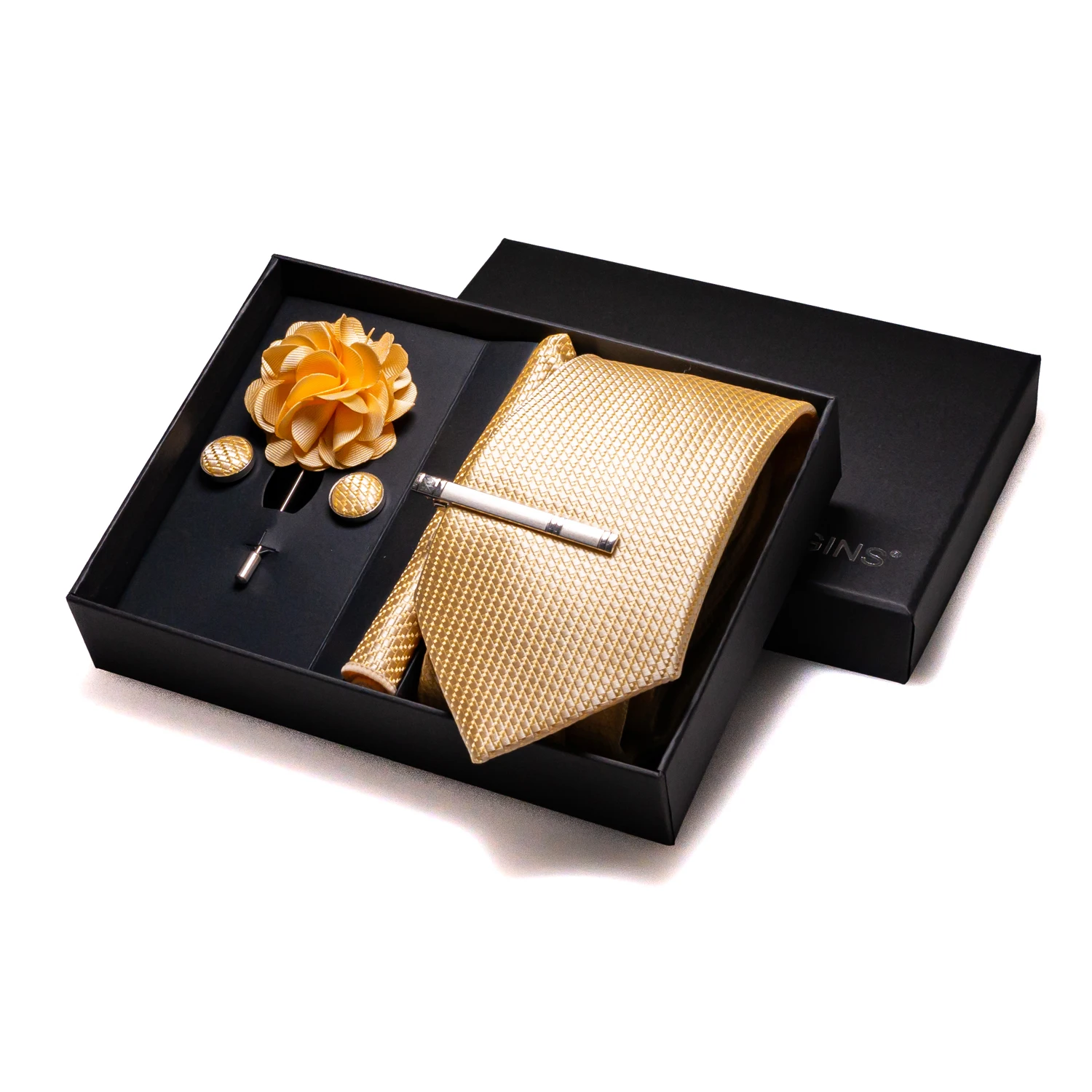Orange Plaid Silk Wedding Tie For Men Hanky Cufflinks Luxury Gift Box Set Mens Necktie Fashion Business Party Gravat Accessories
