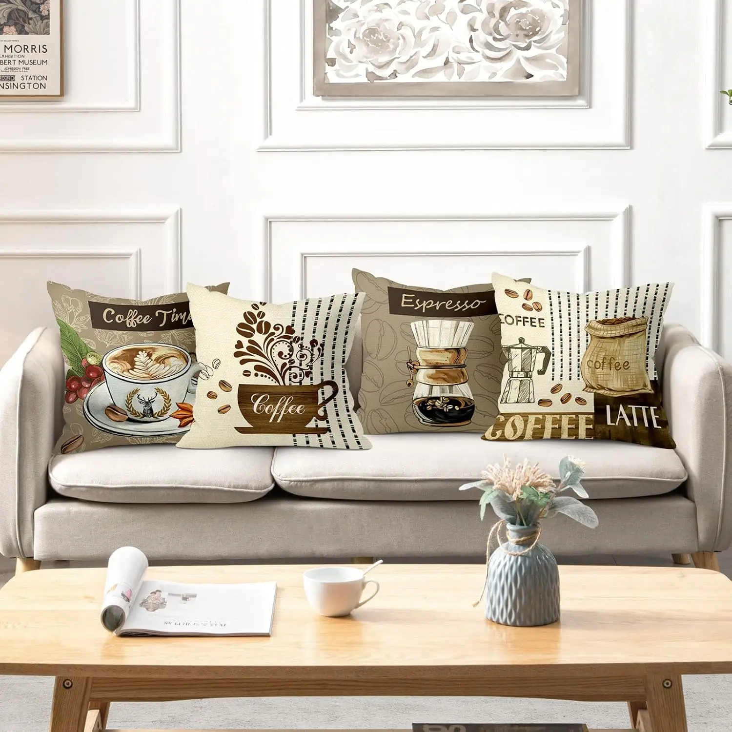 4 Piece Coffee Lover Cushion Covers Set Latte Espresso Boho Pillow Cases for Living Room Home Decor Polyester Accent