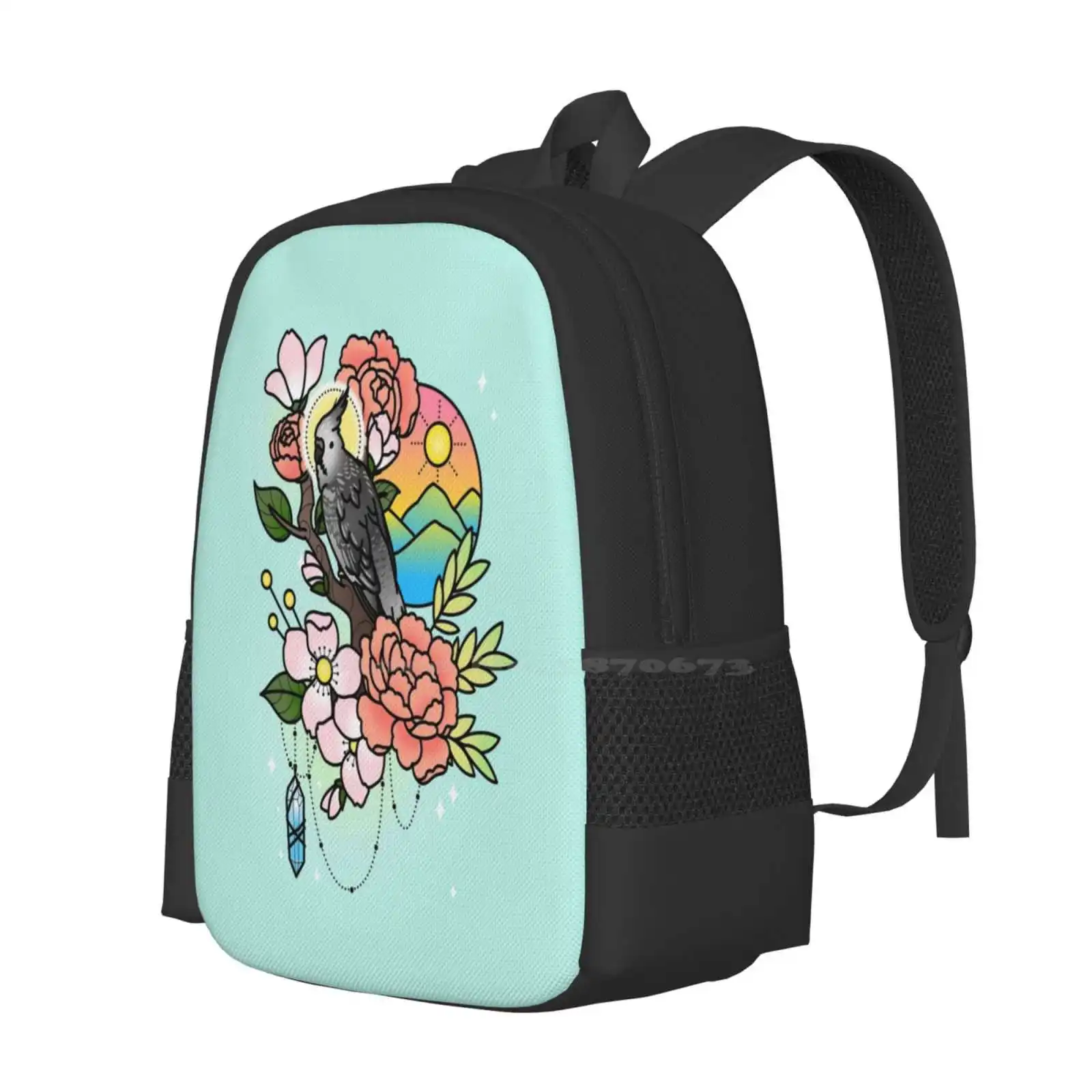 White-Faced Cockatiel Tattoo-Style School Bag Big Capacity Backpack Laptop Cockatiel Tattoo Flowers Bird Crystal Sunset