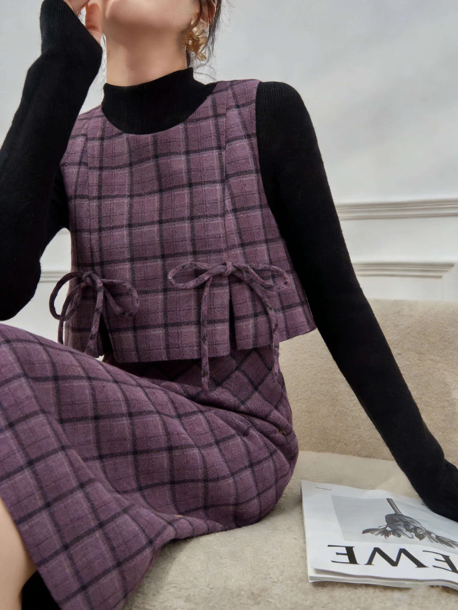 

Уникальный красивый женский комплект из жилета и юбки в клетку, весенний повседневный свободный крой, круглый вырез, короткий рукав, модный образ дня