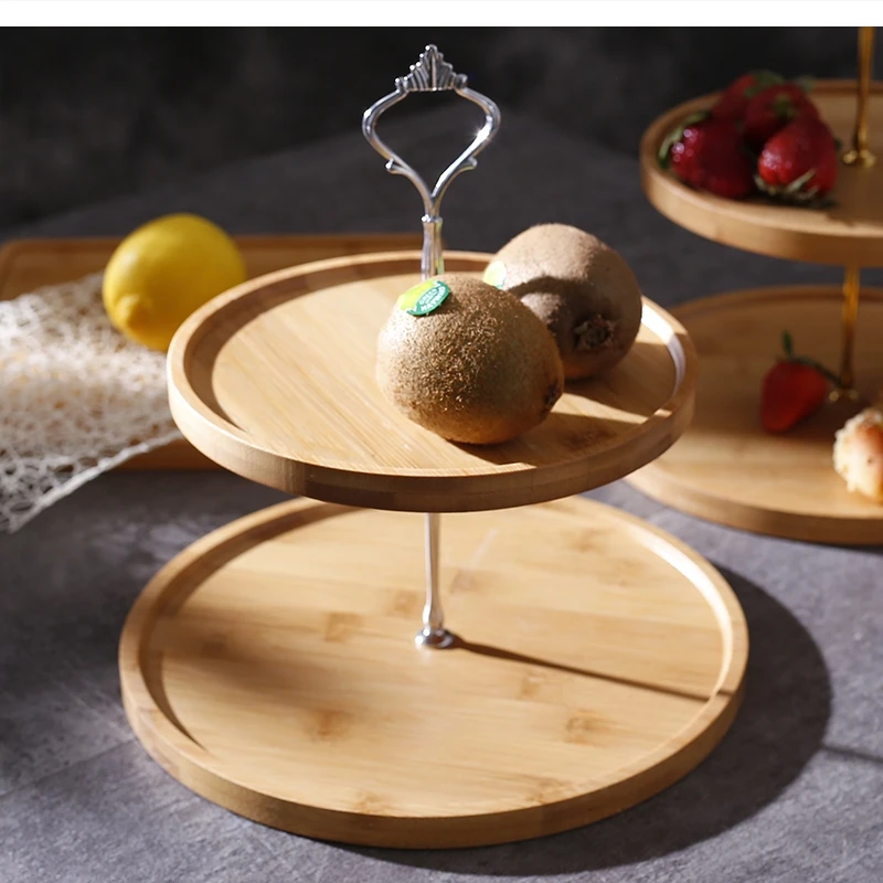 European Bamboo and Wood Three-layer Fruit Snack Tray with Shelf Modern Home Multi Afternoon Tea Candy Cake Dessert Frame