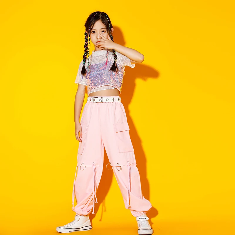 

Tank Streetwear Pink Cargo Pants For Girl Jazz Dance Costume Kids Ballroom Hip Hop Clothing Crop Top Shirt Recital Sequined