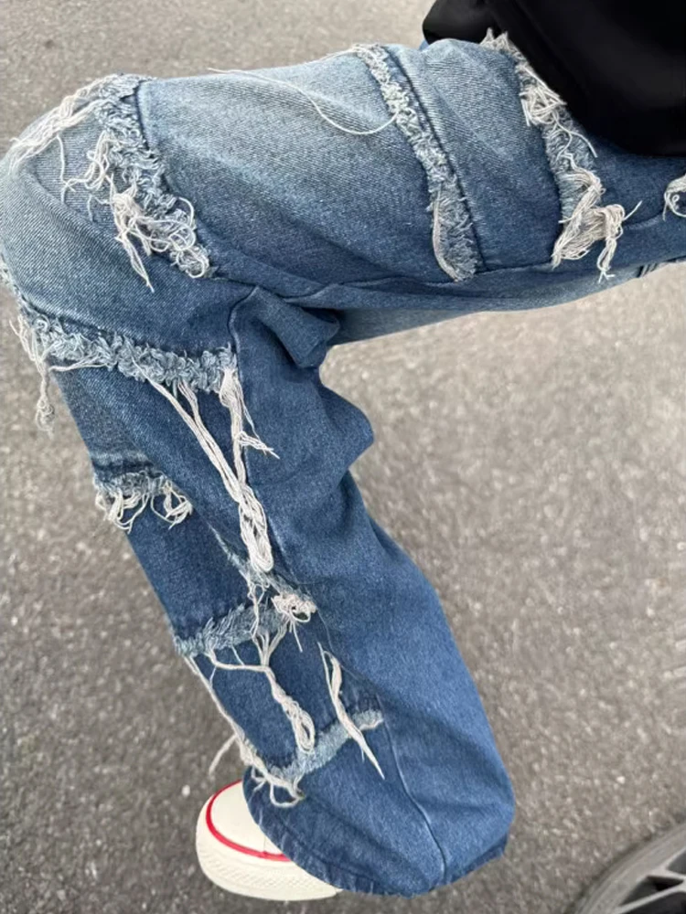 

American High Street Vibe Men's Jeans Retro Waed Frayed Hem Micro Flared Straight Leg Cotton Polyester Blend Wear Resistant
