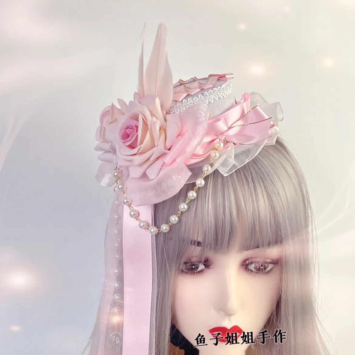 Lolita Wedding White Blue Pink Feather Headdress Ball Top Hat Lolita Clothes Hair Accessories Rose Hair Clip