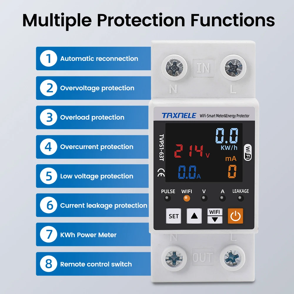 63A TUYA APP WiFi Smart Circuit Voltage Protector Relay Device Switch Breaker Earth Leakage Over Power kWh Meter AC 85-300V