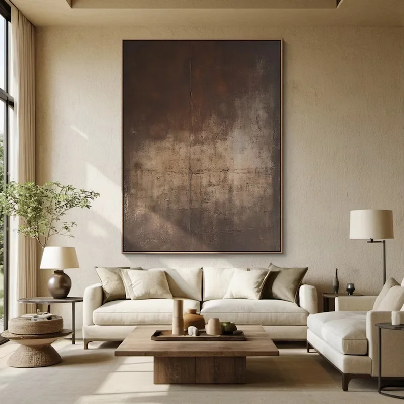 Modern Abstract Brown Oil Painting Wabi-sabi Textured Neutral Hand-drawn Canvas Wall Art