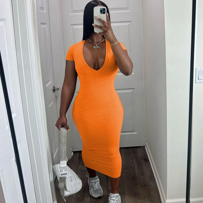 Solid Short Sleeve V-neck Bodycon Maxi Dress for Women 2023 Summer Casual Ribbed Party Dress Elegant Sexy Club Dress Streetwear